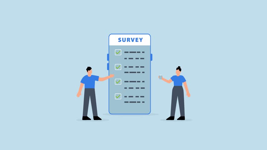 Online survey questionnaire, 4k animation of man and woman using mobile or smartphone to fill in online survey checklist.