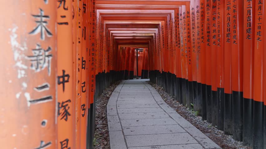 Stone path leading through red and black wooden torii gates with japanese writings at Fushimi Inari, Taisha, Kyoto, Japan.
