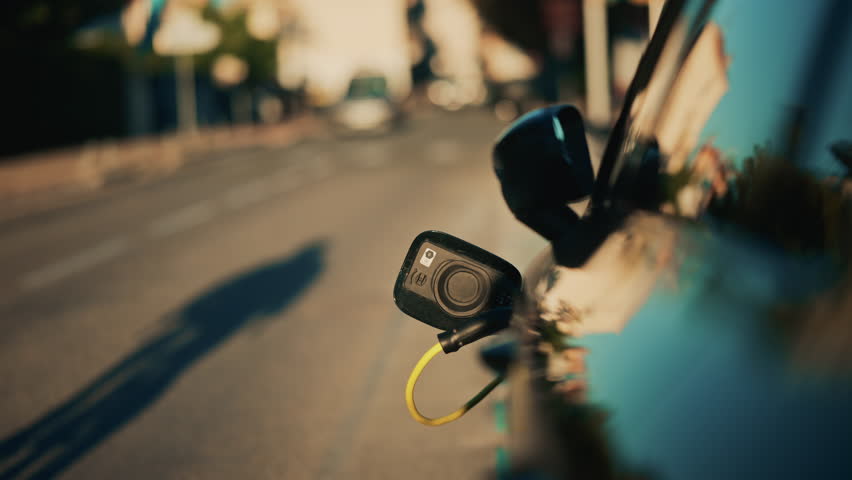 Electric car plugged into a charging port on the side of a city road, with evening traffic and headlights blurred in the background