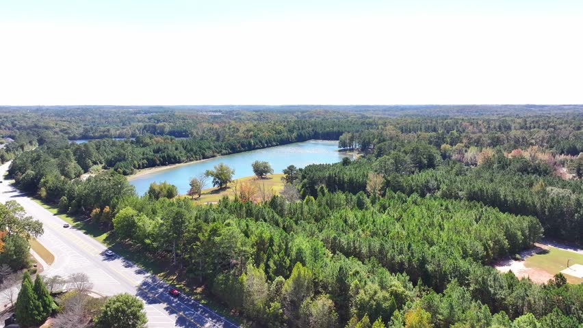 Twin Lakes surrounded by parks near highway 92, South Fulton, Atlanta, Georgia, Aerial