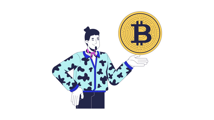 Stylish crypto holder presenting bitcoin 2D animation. Blockchain investor enthusiast. Fashionable man cryptocurrency user animated character cartoon flat concept metaphor 4K video isolated on white