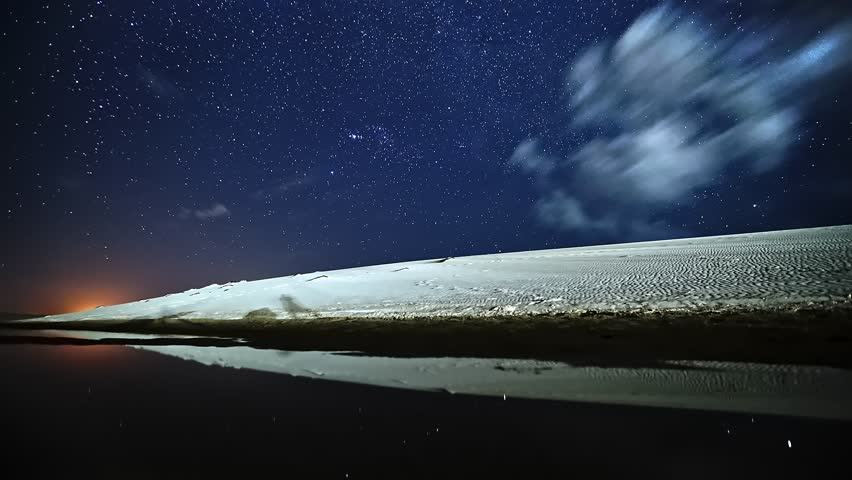 Wonderful time lapse of the stars over sand dunes with the reflex of the stars projected on a lake 4k