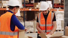 Group of diverse employees wearing safety vests and hard hats working together packing products in a warehouse. Team managing stock inventory - Powered by Shutterstock - Get 15% off with code: PIKWIZARD15