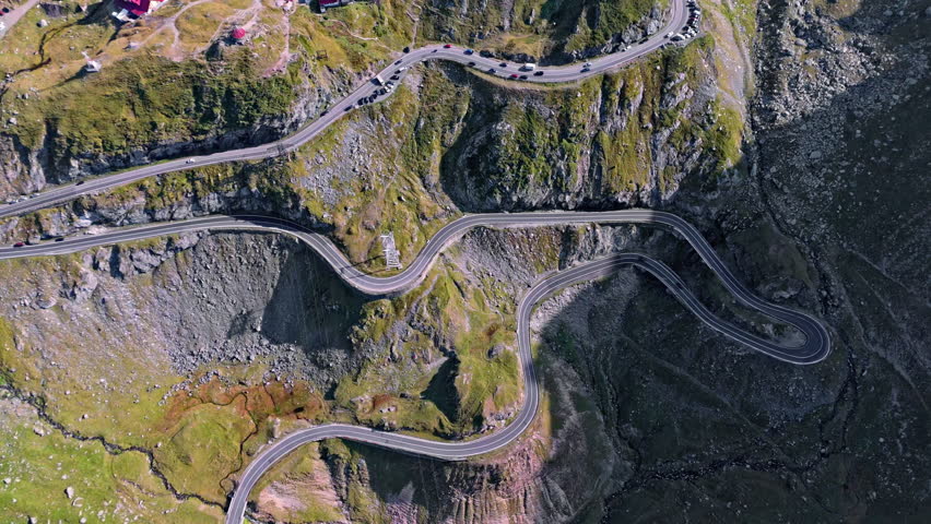 Winding Transfagarasan road in Romania captured from a high aerial view