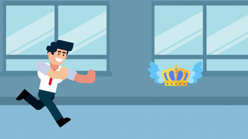 A businessman runs after a flying crown with wings, symbolizing the pursuit of success, leadership, achievement, or ambition in a business or professional environment. The concept represents striving for power, recognition, or reaching the top position.