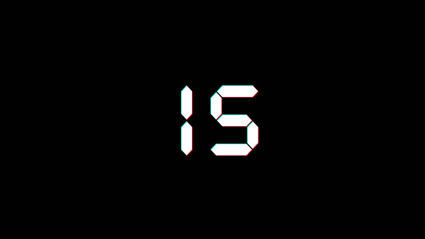 fifteen second countdown timer glitch effect animation, 15 to 0 seconds