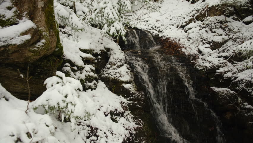Beautiful winter forest waterfall during snowfall. Snowbound trees swaying on cold wind. Snow-covered forest in mountains. Amazing landscape in frozen forest frosty winter day