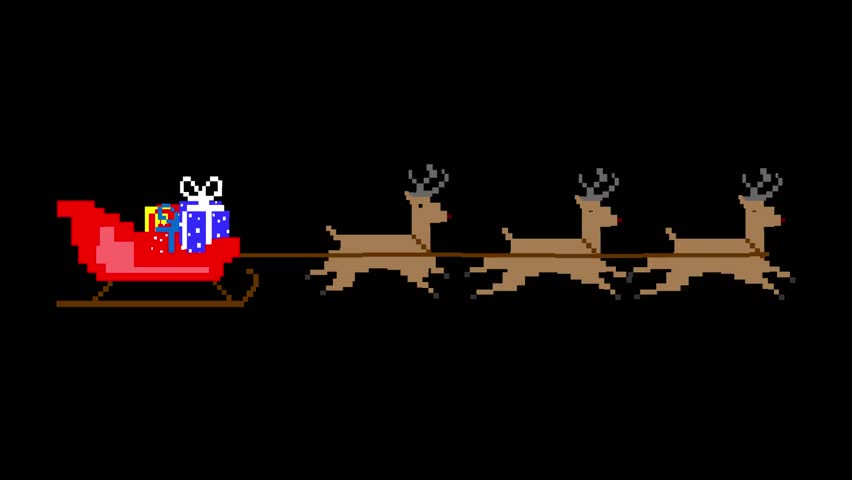 Pixel art style animation with a Christmas sleigh moving on a black background. Vintage art, 2D.