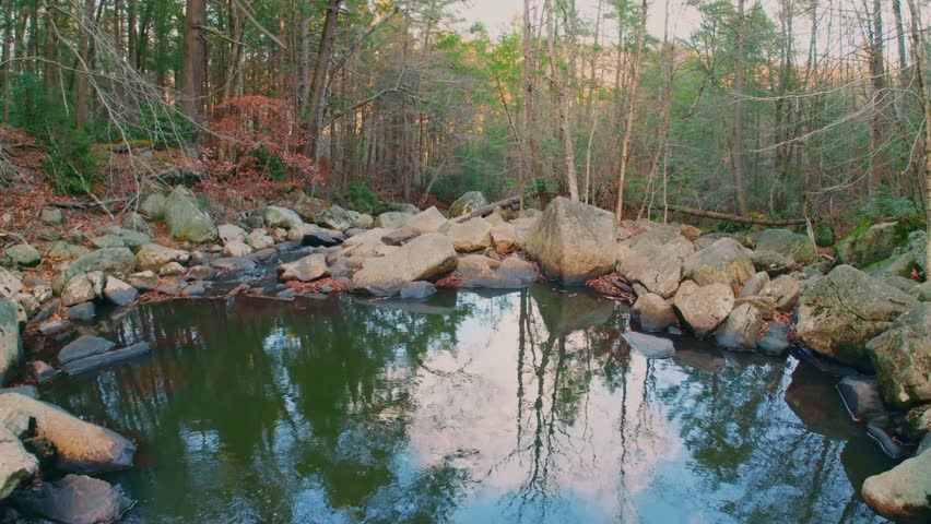 A tranquil, wide-angle shot of a pool at the base of Glendale Falls, one of Massachusetts