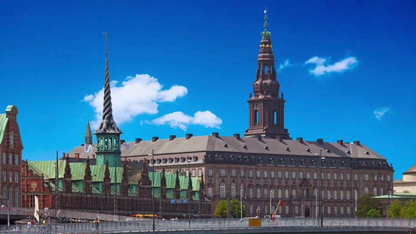View of the Christiansborg Palace in Copenhagen on sunny day, Denmarkzealand, buildings, traditional, holmensbro, waterside, royal palace