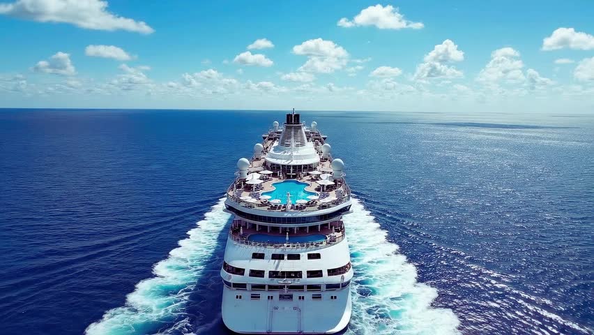 4K cinematic footage of a luxury cruise ship sailing smoothly across a calm ocean, showcasing its expansive decks, modern design, and majestic scale at sea. The tranquil waters and open horizon convey relaxation, adventure, and premium holiday travel. Ideal for tourism promotions, cruise marketing, travel documentaries, lifestyle visuals, and nautical storytelling focused on ocean voyages, passenger comfort, and scenic maritime journeys
