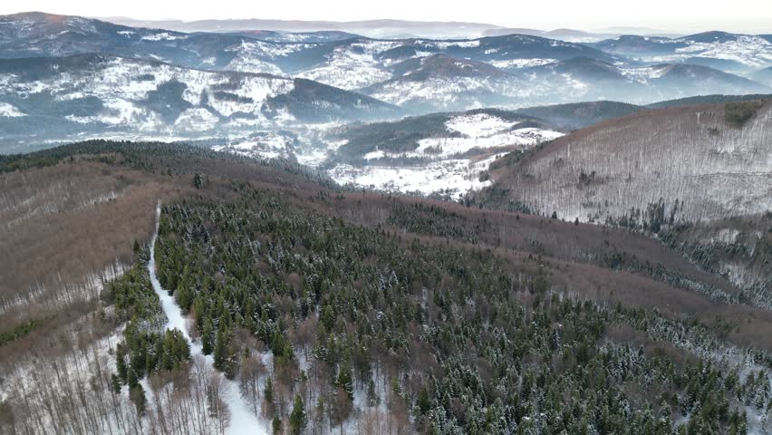 Aerial view of snow-covered mountains and dense evergreen forests, showcasing the serene winter landscape with gradual camera movement revealing expansive natural beauty and tranquility