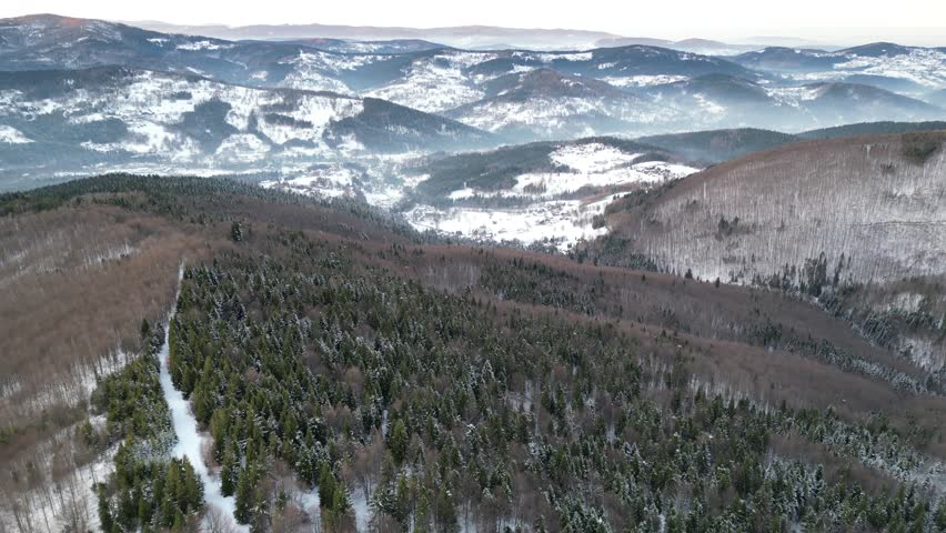 Aerial view of snow-covered mountains and dense evergreen forests, showcasing the serene winter landscape with gradual camera movement revealing expansive natural beauty and tranquility
