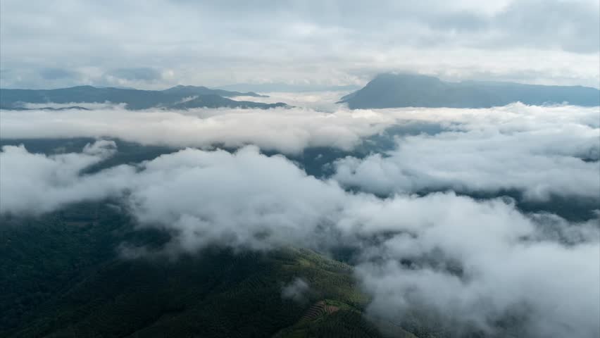 Misty Mountain Landscape with Rolling Green Hills and Low Clouds