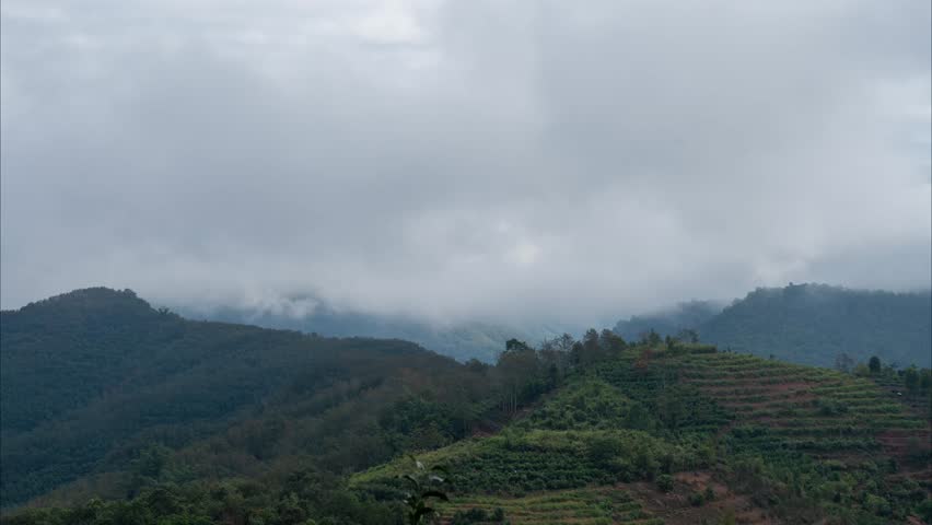 Misty Mountain Landscape with Rolling Green Hills and Low Clouds