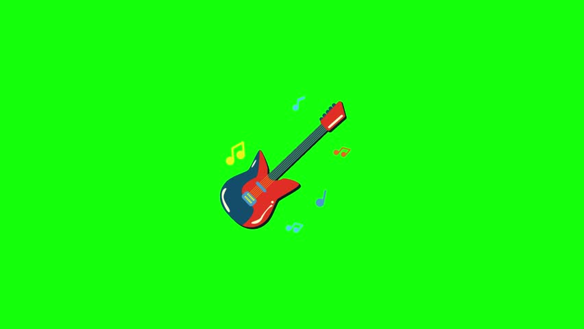 Animated electric guitar playing music on a green screen with colorful notes floating around. Perfect for concert intros, music edits, or rock band scenes.