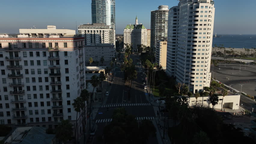 Long Beach, California, USA - Downtown Ocean Blvd in the Evening Next to Buildings and Oceanside