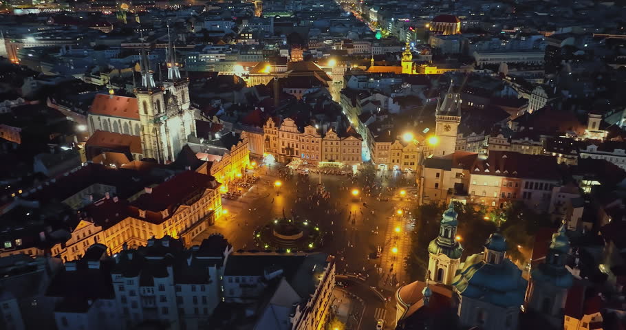 Aerial view of Central Square of city at night, Prague, Czech Republic