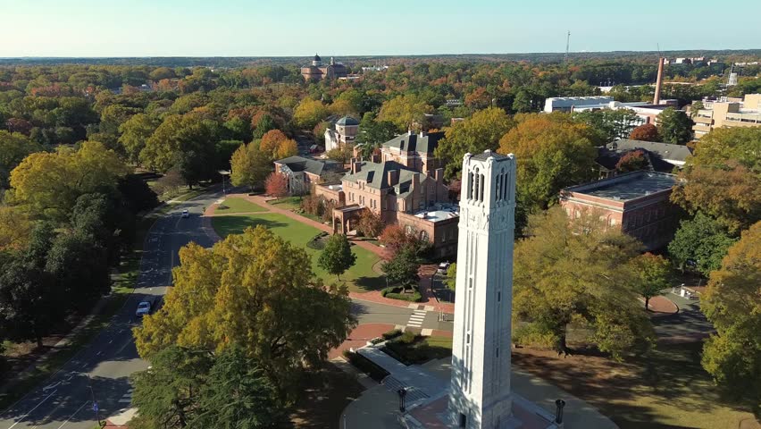 Aerial view of the bell tower on the campus of NC State University in Raleigh , NC
