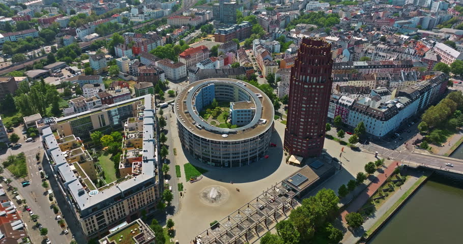 Aerial view of Frankfurt with modern skyscrapers beautiful sunny day, city center. Financial capital of Europe, Hesse, Germany,