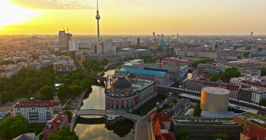 Aerial view of Berlin. Cityscape with roofs architectural landmarks tv tower and other attractions, Germany