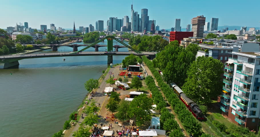 Aerial view of Frankfurt with modern skyscrapers beautiful sunny day, city center. Financial capital of Europe, Hesse, Germany,