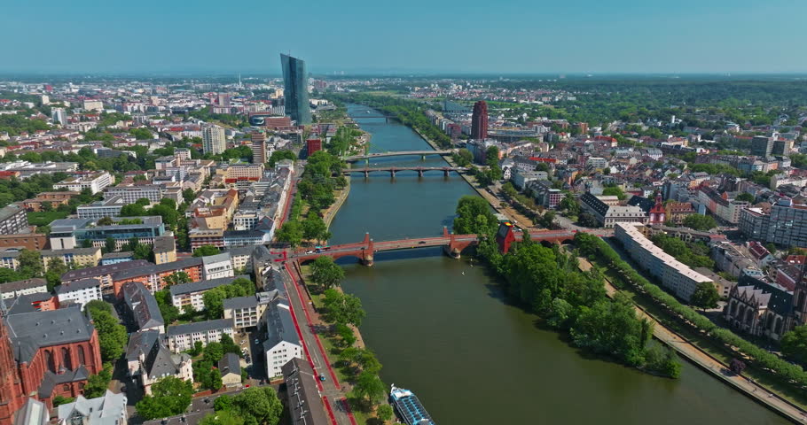 Aerial view of Frankfurt with modern skyscrapers beautiful sunny day, city center. Financial capital of Europe, Hesse, Germany,