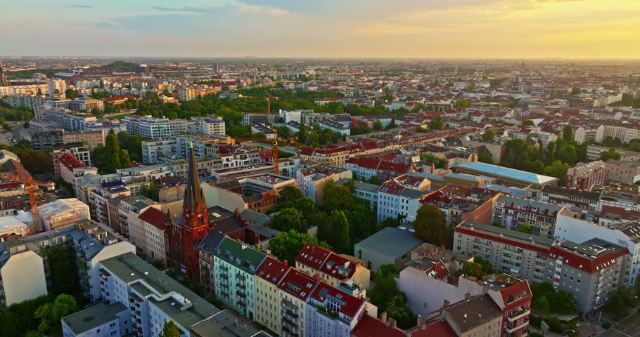 Aerial view of Berlin. Cityscape with roofs architectural landmarks tv tower and other attractions, Germany