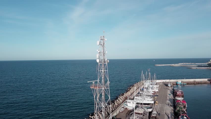 Radar station located in a sea port in the Black Sea near the Bulgarian town of Pomorie with a embankment