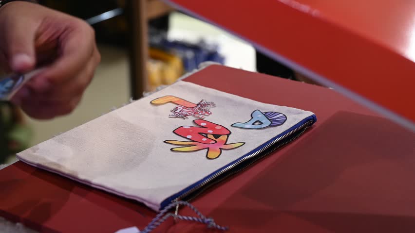 Bangkok, Thailand - 18th December 2025: Man manually printing alphabets on a pouch using an industrial printing machine, showcasing hands-on packaging, craftsmanship, manufacturing process, and small-scale production.