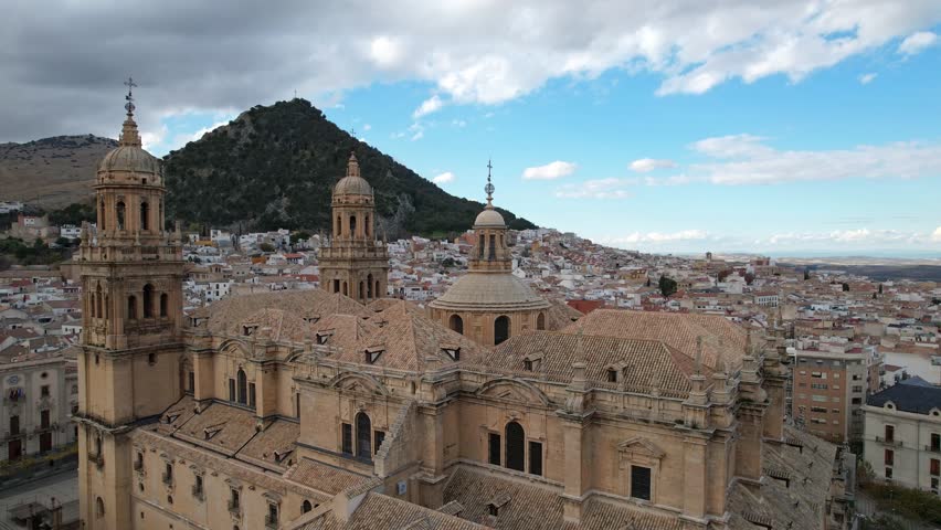 Aerial Drone View of Jaen Cathedral With City Panorama, Spain