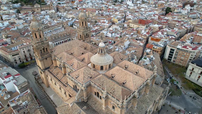 Drone Flight Over Jaen Cathedral and Scenic City Skyline, Andalusia Spain