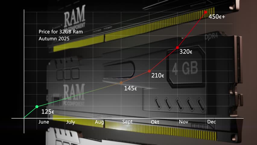 3D animation of computer RAM and concept graph increasing price over the months becouse industry need for data centers