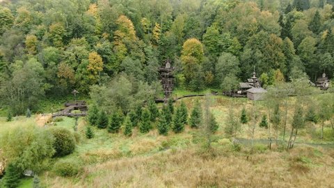 Forward Drone Flight toward Forest Wooden Stairs