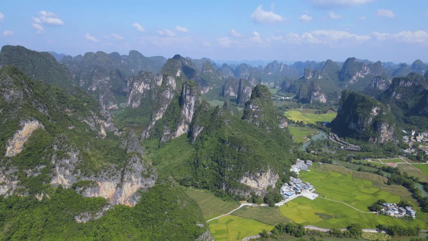 Aerial drone footage of karst peak clusters and paddy fields in Guangxi Province, southern China