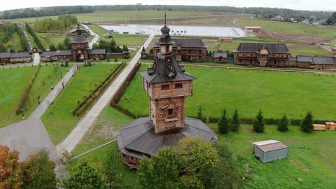 Circular Drone Flight around Wooden Church