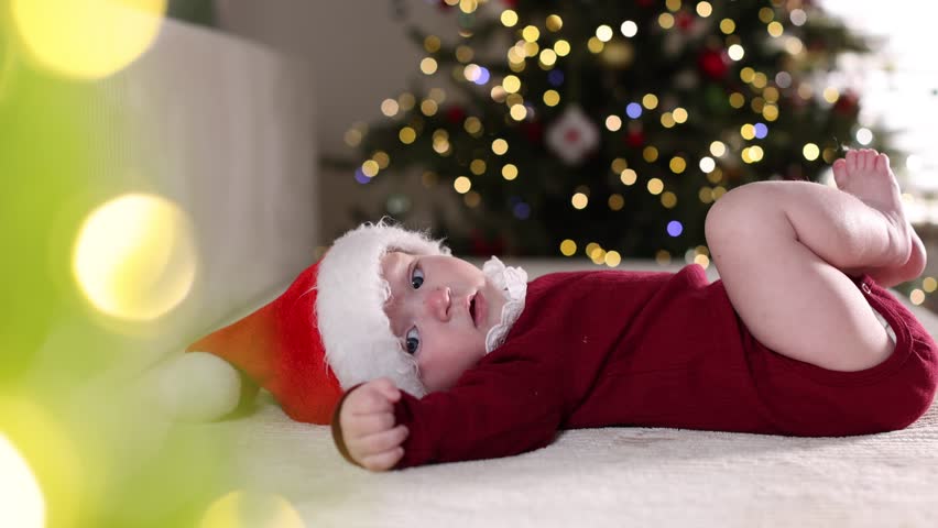 Cute little baby in Santa hat on sofa against Christmas lights, bokeh effect