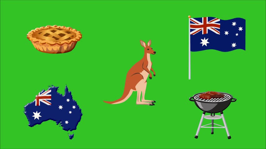 2D Animated Australia culture element collection featuring food, wildlife, national symbols, and lifestyle. Perfect for tourism videos, education, travel promos, and cultural content.