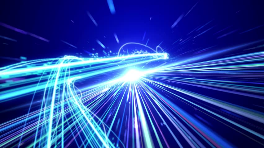Colorful trailing particles and light rays weave through particles space, creating stunning shockwave and shimmering lines. 3D digitally generated video, use for grand opening and high-tech ending.