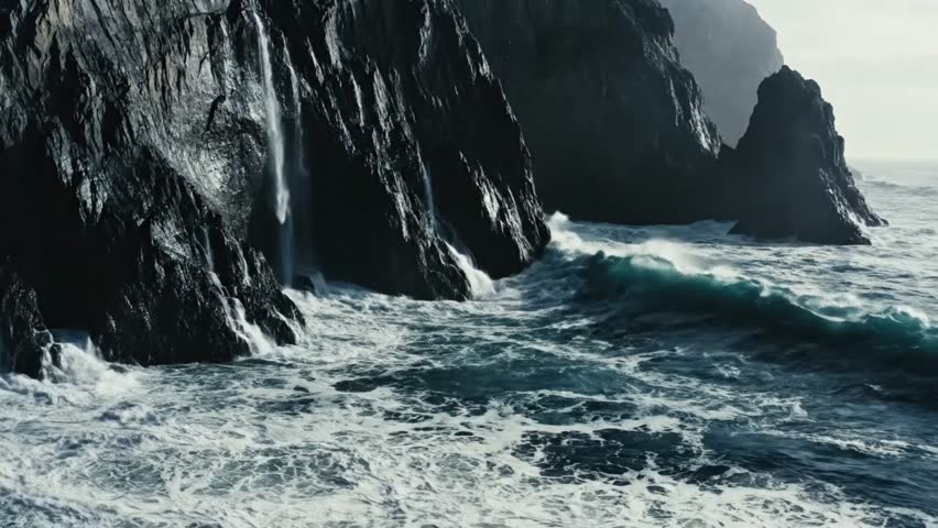 Large wave crashing against rocky coastline with waterfall