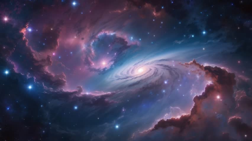 A magnificent spiral galaxy at its center, surrounded by dramatic and colorful nebulae. Its color palette is dominated by a mix of deep blues, deep purples, and touches of pink and orange at the edges