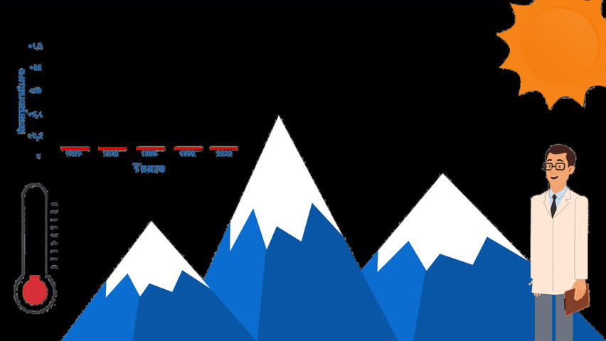 Scientist Explainer with Rising Temperature Graph and Melting Mountain Snow  Climate Change Concept, Alpha Channel