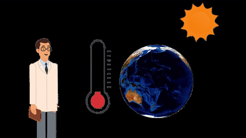 Climate change explainer animation showing a scientist speaking while the Earth rotates in the background. A thermometer rises and the sun emits strong rays toward the planet