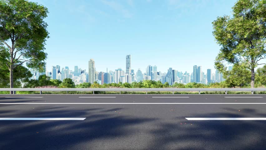 3D animation render of a wide asphalt road with white lane markings, flanked by trees and leading to a modern city skyline under a clear blue sky.