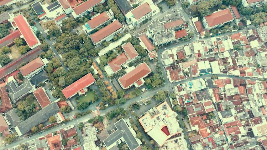 Top Down Aerial Drone Footage of Urban Campus Complex with Buildings and Green Areas