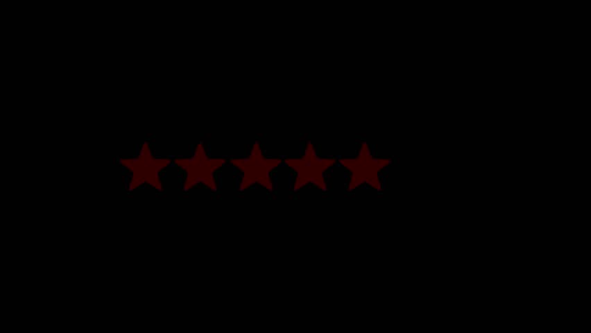 Rating stars icon animation, glowing five star flat symbol animation with transparent black background. Customer feedback, 5 star rating 4k