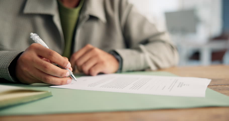 Signature, documents and agreement with hands of person for title deed, inheritance and asset management. Notary contract, terms and condition and estate paperwork with employee for legal information