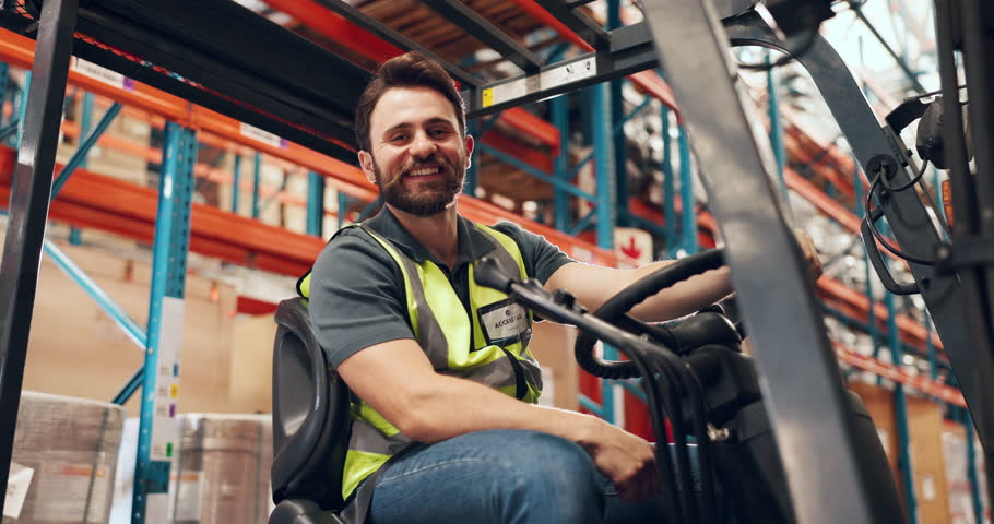 Logistics, face and man on forklift with laugh, pride or job goals in supply chain. Happy, portrait and stockroom operator in warehouse with confidence, profession or experience in distribution