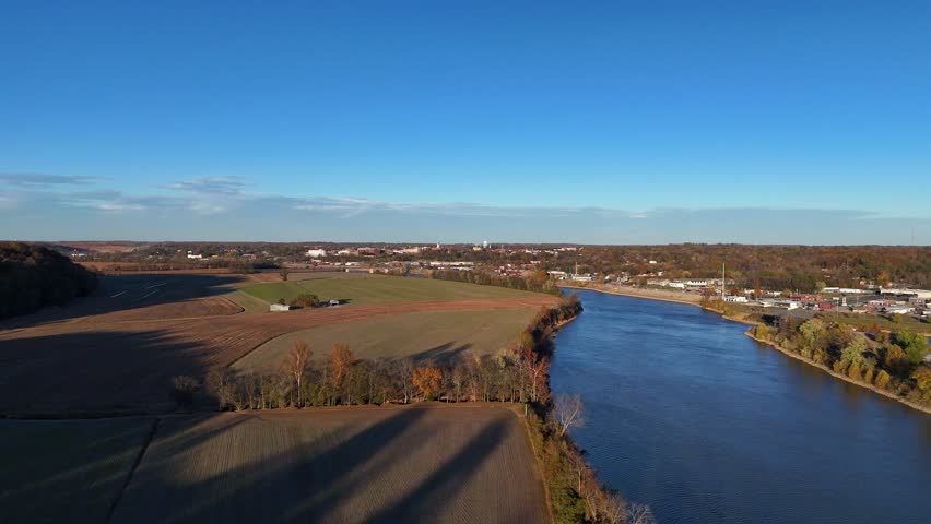 Aerial footage of farmland on the banks of the Cumberland River, in Clarksville, TN