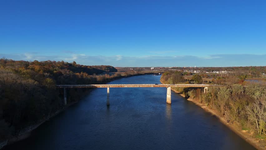 Drone flyover of a bridge on the Cumberland River in Clarksville, TN